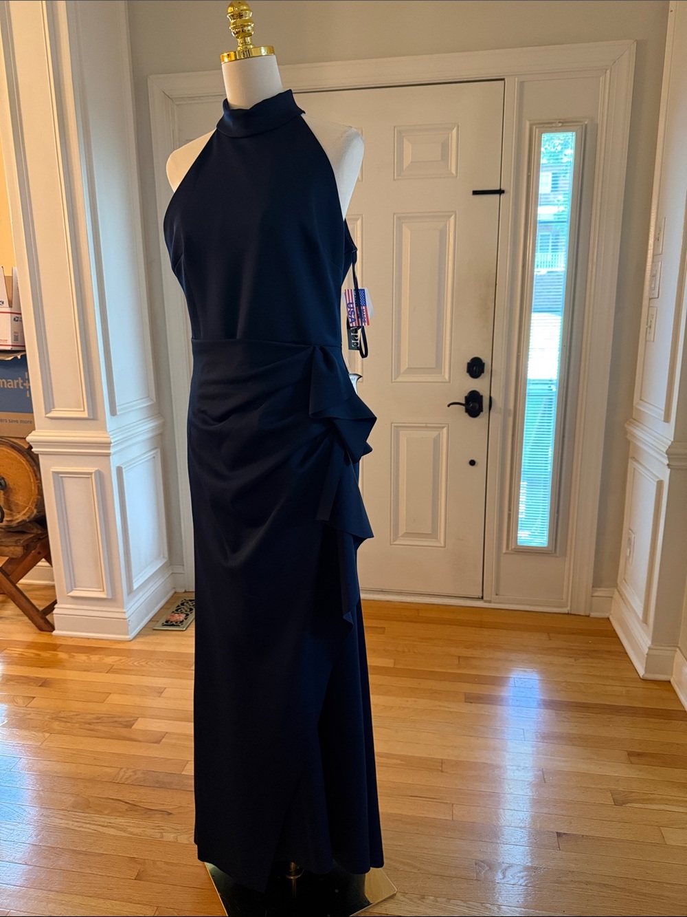XSCAPE Navy Halter Evening Gown with Side Ruffle - Picture 5 of 7